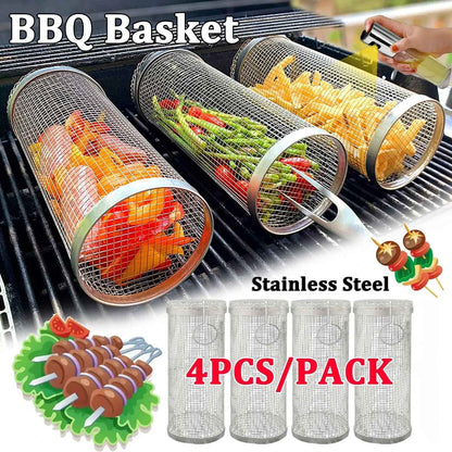 Rolling Bbq Basket- Greatest Grilling Basket Ever, Round Stainless Steel Grill Mesh, Camping Barbecue Rack For Vegetables,Fish