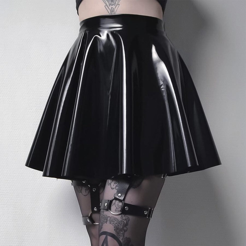 Womens Shiny PVC  Patent Leather Skirt Sexy Wet Look Leather Pleated Skirt Front Bodycon Elastic Latex Mini Short Skirt