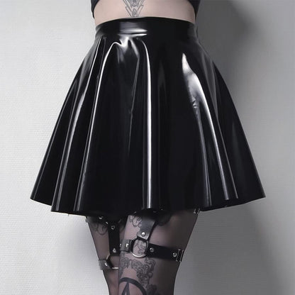 Womens Shiny PVC  Patent Leather Skirt Sexy Wet Look Leather Pleated Skirt Front Bodycon Elastic Latex Mini Short Skirt