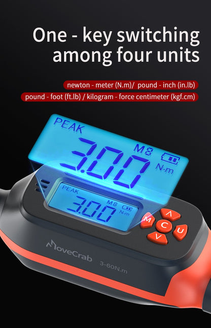 Chave de Torque Digital MOVECRAB 1.5-340 N.m com Valores Predefinidos, Precisão de 2%, Buzzer e Notificação por Flash LED