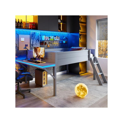 Cama Loft para Jogos de Tamanho Grande com Escrivaninha e Luzes LED, Acabamento Cinza, Design Elegante que Economiza Espaço
