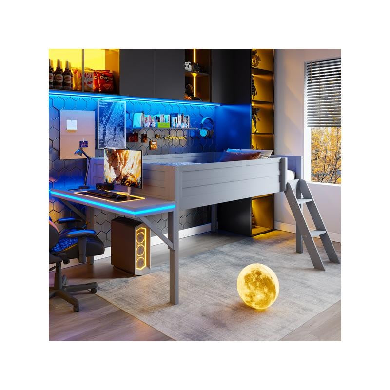 Cama Loft para Jogos de Tamanho Grande com Escrivaninha e Luzes LED, Acabamento Cinza, Design Elegante que Economiza Espaço