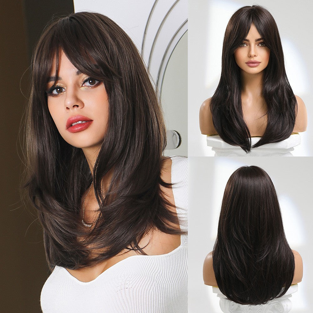 Peruca de cobertura total, peruca rosa gradiente marrom escuro, peruca de cabelo liso com franja, adequada para o role-playing diário feminino,