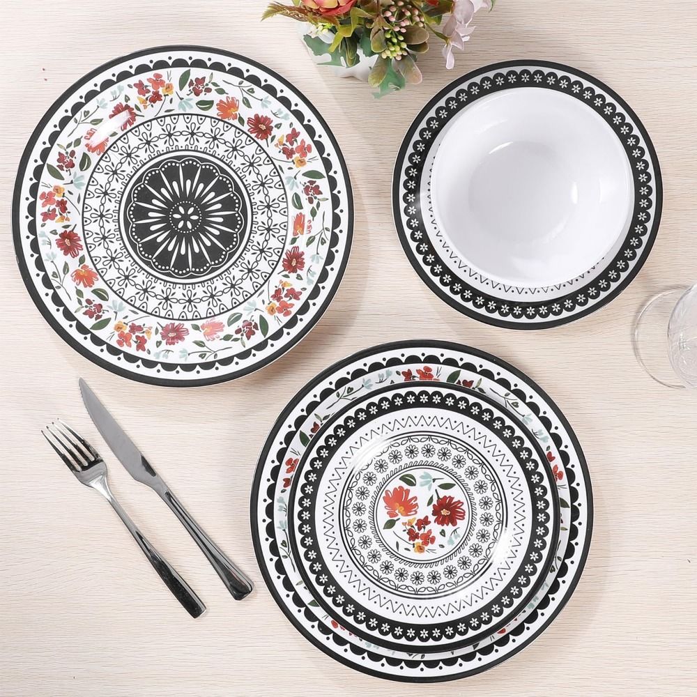 Durable 12-Piece Melamine Dinnerware Set, Ideal for Indoor and Outdoor Dining, Dishwasher Safe, Lightweight Dinnerware
