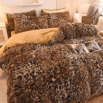 3pcs Luxurious Leopard Print Faux Fur Plush Duvet Cover Set - Ultra-Soft, Warm, and Fluffy Shaggy Design with Zipper Closure - I