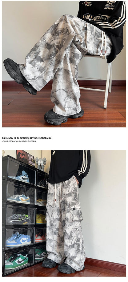 Mens Casual Pants Straight Leg Loose Fit Tactical Cargo Joggers Wide Leg Tie Dye Trousers Trendy Fashion Side Pocket pants man