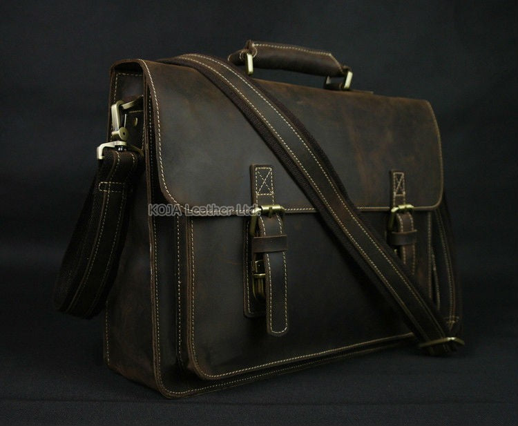 Vintage Crazy Horse Genuine Leather Men Briefcase 15" Laptop Bag Work Business Bag Shoulder Messenger Bag Male Tote Handbag M088