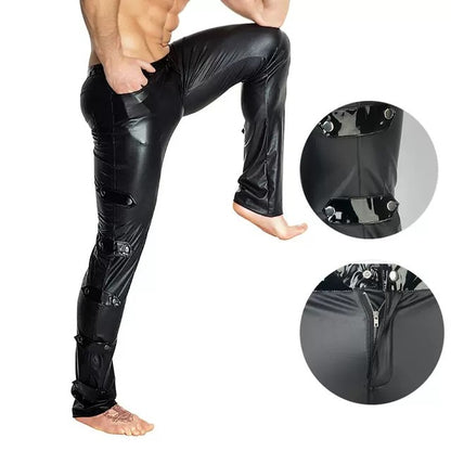 Performance Leather Pants Muscle Men's Slim Fit DJ Lead Dance Gogo ow off Club Bar Youth Trend Long Pants Pure Color
