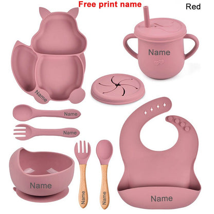 Baby Silicone Sucker Bowl Plate Cup Bibs Spoon Fork Sets Children Tableware Baby Feeding Dishes Sets Personalized Name BPA Free