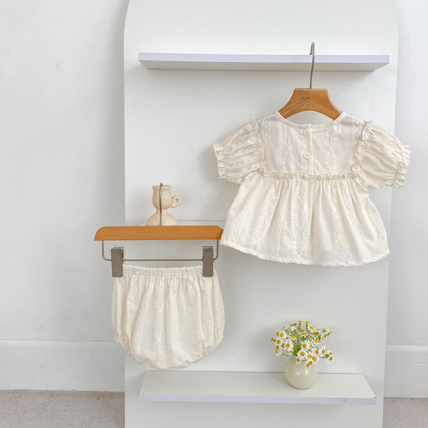 Girls Summer Fashion Set Children's Embroidered Grid Puff Sleeve Top+Shorts Two Piece Cute Baby Girls Clothes Set Baby Clothes