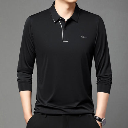 New Men's Business Casual Long Sleeved Shirt with Badge Solid Color Polo Shirt Fashionable Breathable Comfortable Versatile Top