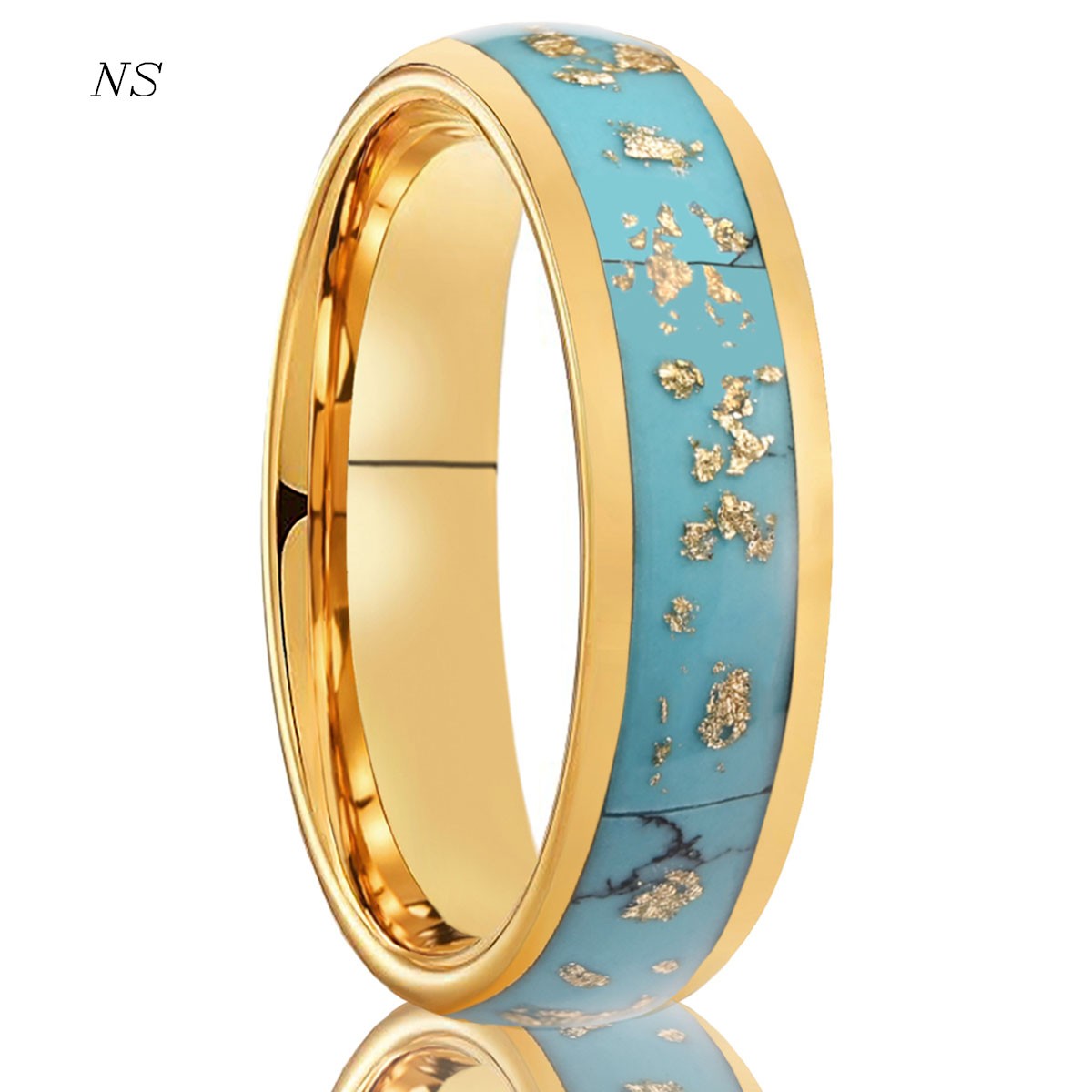 Anel de Tungstênio com Inlay de Turquesa e Folha Dourada Quebrada 6MM Aliança Banhada a Ouro para Homem Mulher Joia Design de Luxo Presentes
