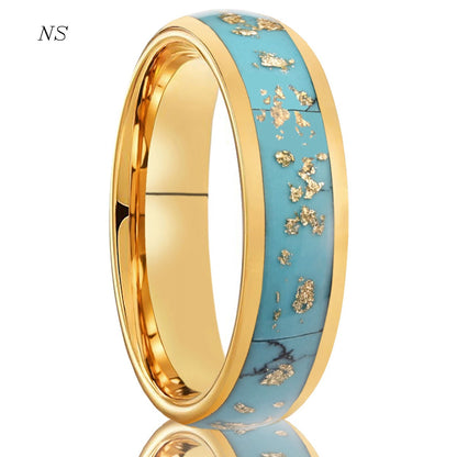 Anel de Tungstênio com Inlay de Turquesa e Folha Dourada Quebrada 6MM Aliança Banhada a Ouro para Homem Mulher Joia Design de Luxo Presentes