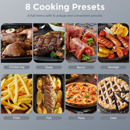 Fritadeira de ar 8 em 1, 6 litros, Forno elétrico de fritura quente sem óleo, Assar, Grelhar, Cozer, Desidratar e Manter os alimentos aquecidos, 120V