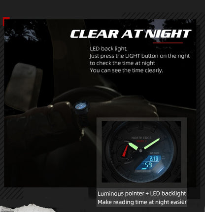 NORTH EDGE Mars 3 Men's Military Watch Digital Carbon Fiber Case For Man Waterproof 50M Sports Watches World Time LED Wristwatch