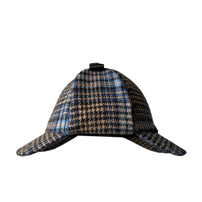 Unisex British-Style Sherlock Holmes Deerstalker Hat for Fall Winter Wool Blend Plaid Double Brim Ear-Warming, Trendy Detective