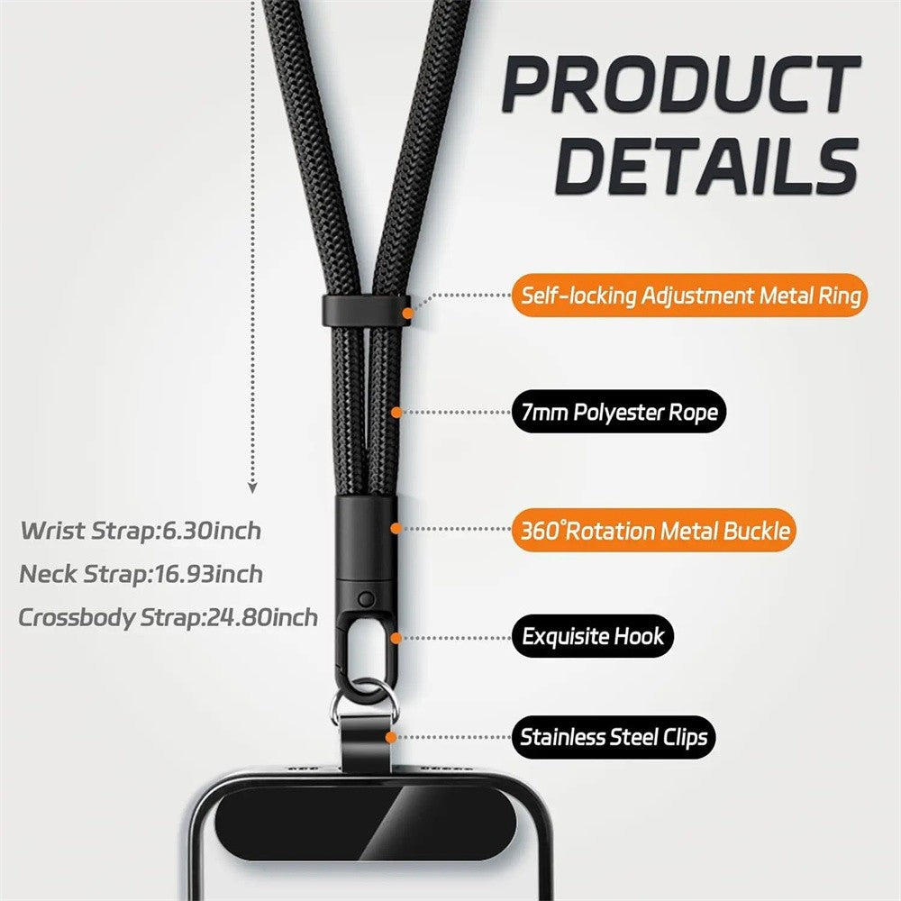 Cordão anti-queda para celular universal ajustável, pulseira curta com design de travamento automático, alça de poliéster durável para celular