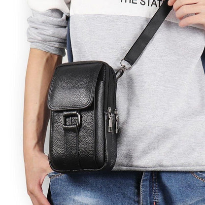 Portable Men Messenger Bags Cowhide Leather Cell Phone Belt Pack Fashion Simple Multi-pockets Casual for Outdoor Sport