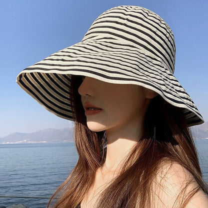 1Pcs Durable Sunproof Striped Bucket Hat Foldable Retro Summer Hat Big Head Circumference Fashion Sunscreen Basin Hat Women