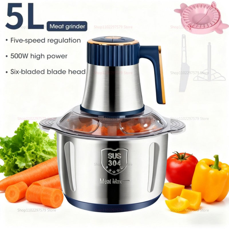 Moedor de Carne Elétrico 5L Triturador de Alimentos Aço Inoxidável Processador Cortador de Legumes Multifuncional para Liquidificadores de Cozinha