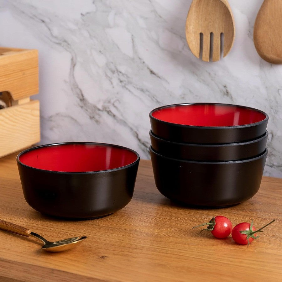 12Piece Modern Dinnerware Set Kitchen Plates and Bowls Sets Luxury 2 tone Red and Black Ceramic look Dish Set for 4.Christmas L