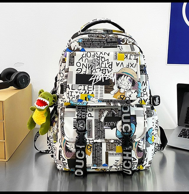 Anime Male and Female High-capacity One Piece Luffy Graffiti Printed Backpack for Middle High Students School Bag