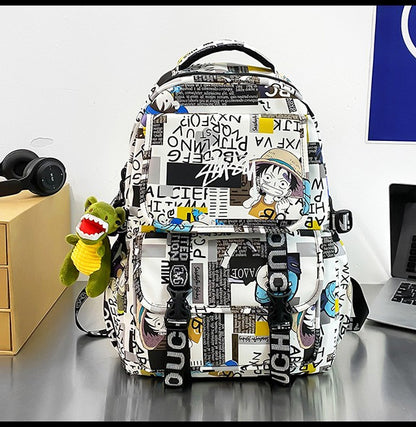 Anime Male and Female High-capacity One Piece Luffy Graffiti Printed Backpack for Middle High Students School Bag