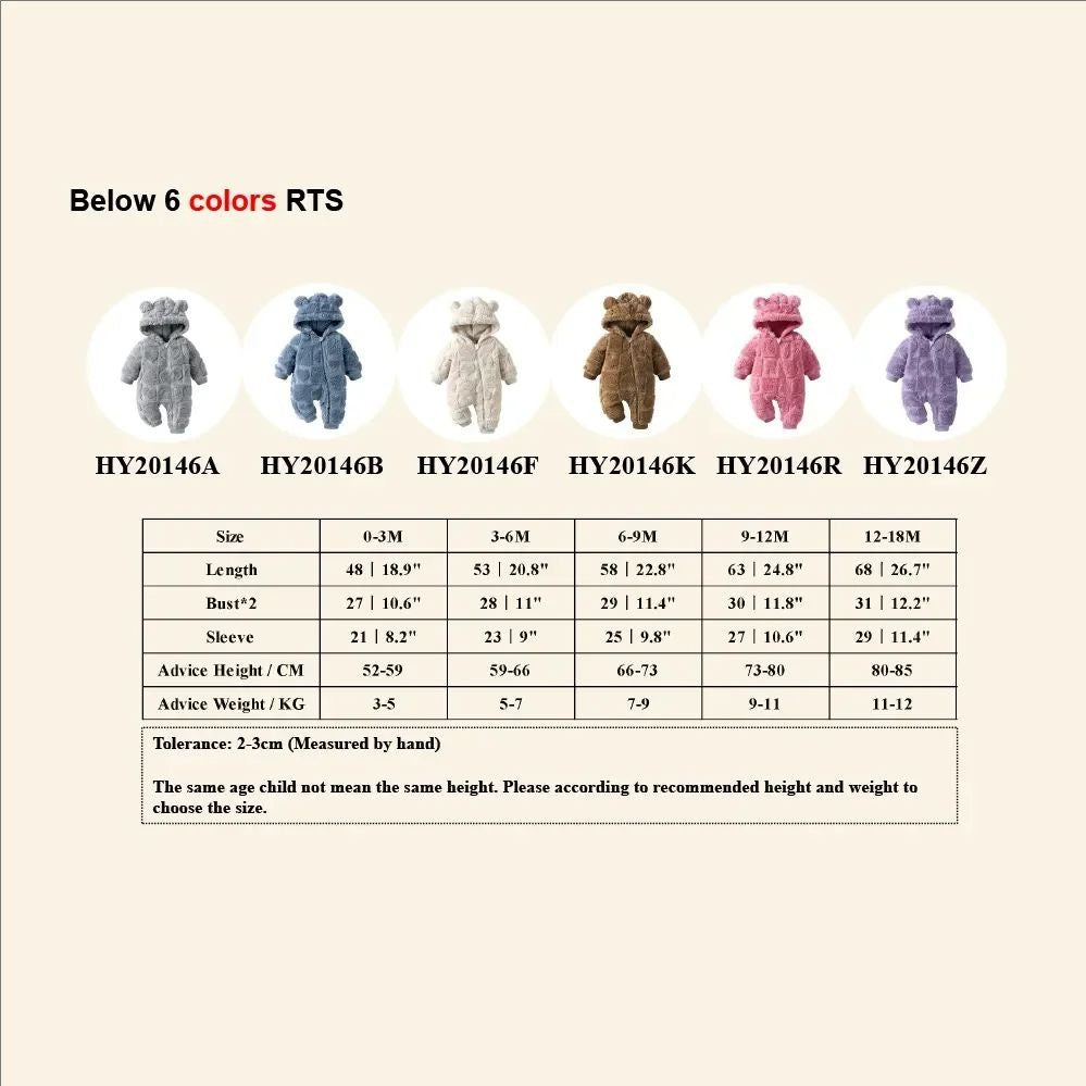 Winter Baby Bear Hooded Romper Thicken Fleece Warm Heart Flannel Toddler Girl Jumpsuits Infant Boy Bodysuit For Newborn Clothes