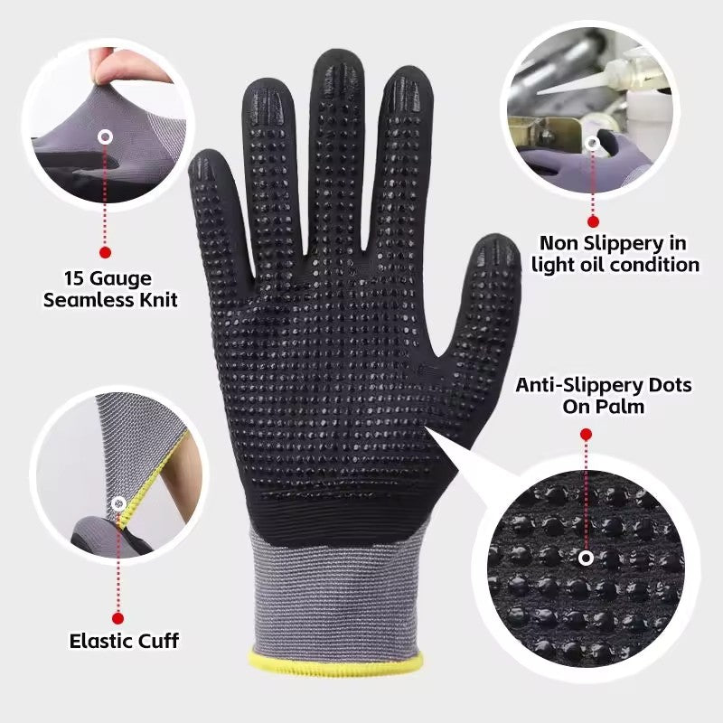 1/2/3 Pares Luvas de Trabalho de Segurança com Pontos Antiderrapantes Revestidas de Nitrilo Luvas de Nylon de Malha Contínua Duráveis para Homens Construção Industrial