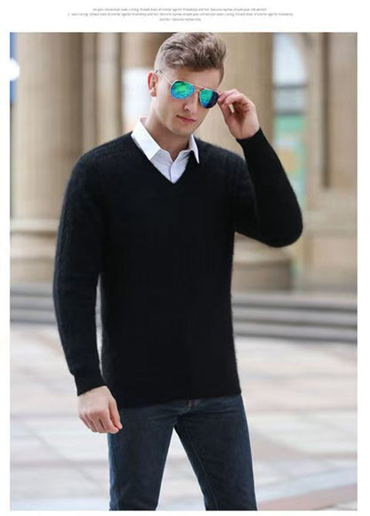 Autumn And Winter New Warm Pure Mink Cashmere Sweater Men's V-neck Pullover Thickened Plus Size Knitted Bottoming Shirt