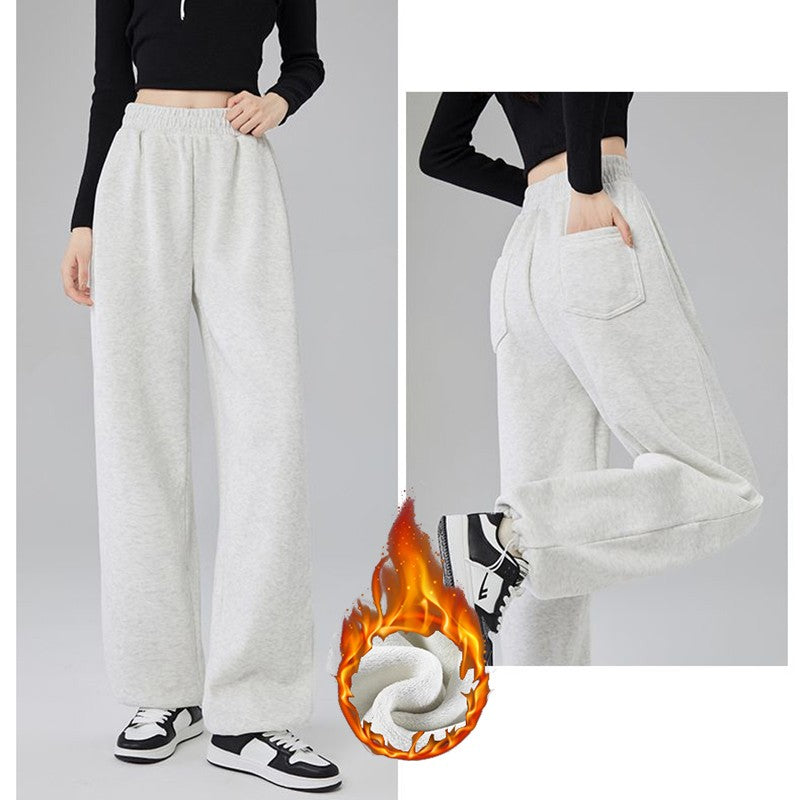 Winter Lady Snow Warm Thin Straight Leg Pants Girls Classic Daily Plush Trousers Women High Waist Thermal Fleece Pants