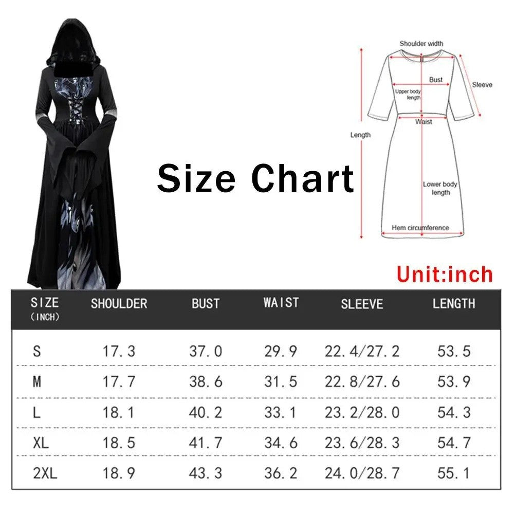 Halloween Witch Dress Gothic Vintage Dark-Style Hooded Vampire Dresses Bell Sleeves Full Skirt Waist Cinched Festival Party Gown