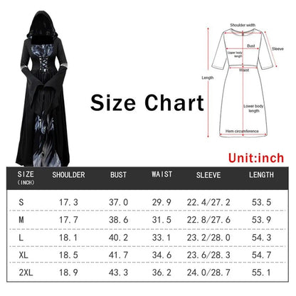 Halloween Witch Dress Gothic Vintage Dark-Style Hooded Vampire Dresses Bell Sleeves Full Skirt Waist Cinched Festival Party Gown