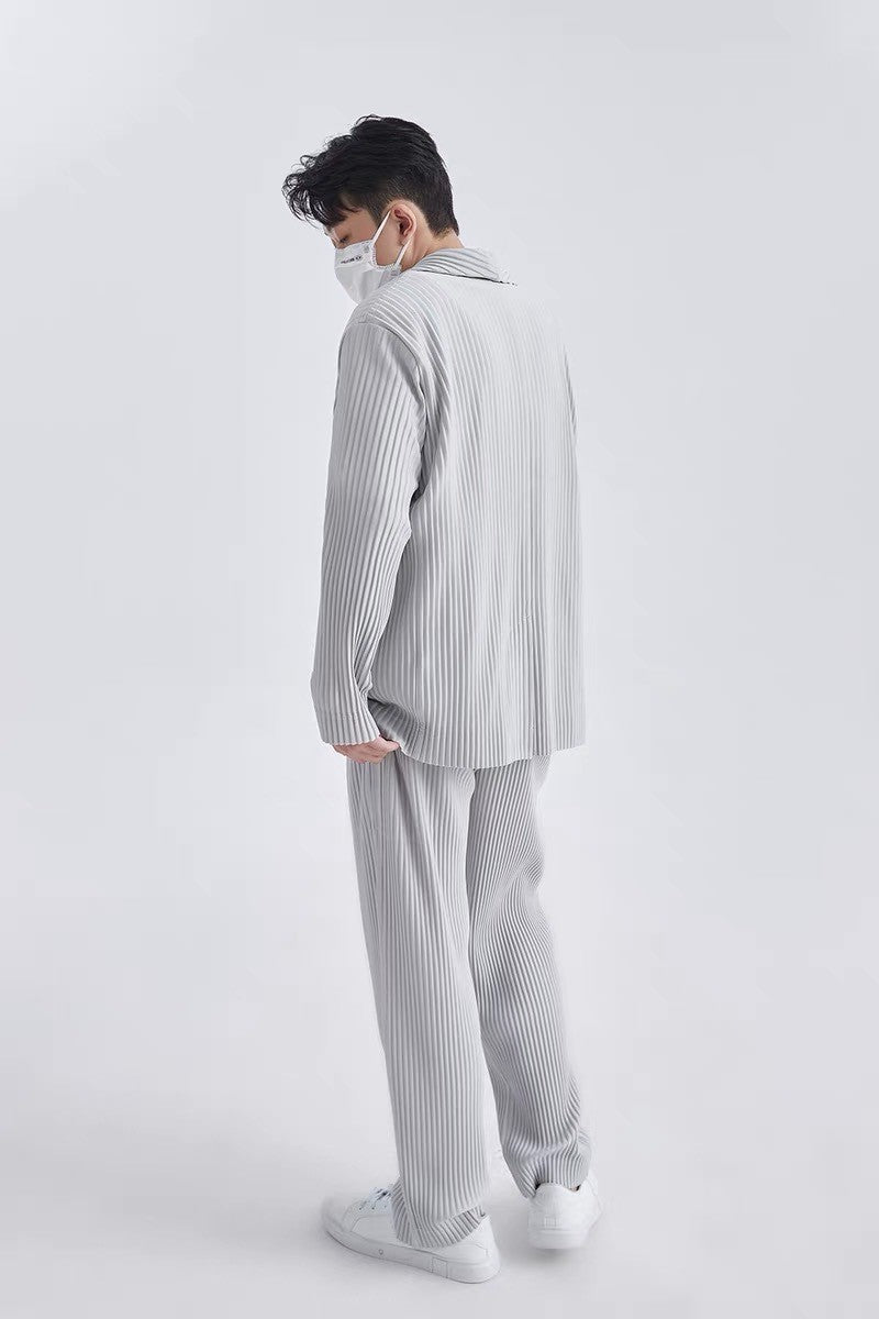 Miyake New 2025 Spring Suit Long Sleeve Pleated Pleated Men's Jacket Lapel Pleated Solid Color Fashion Loose Plisse Casual Top