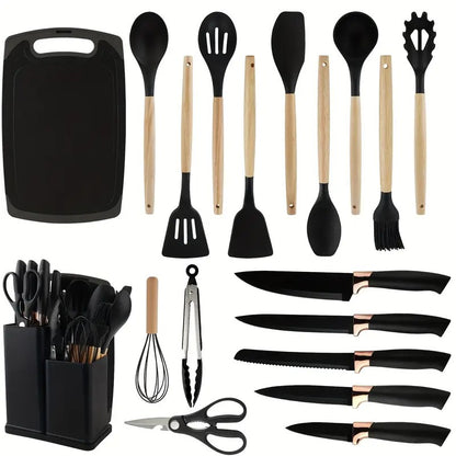 Conjunto de facas de cozinha multifuncional de 19 peças com tesoura e tábua de corte