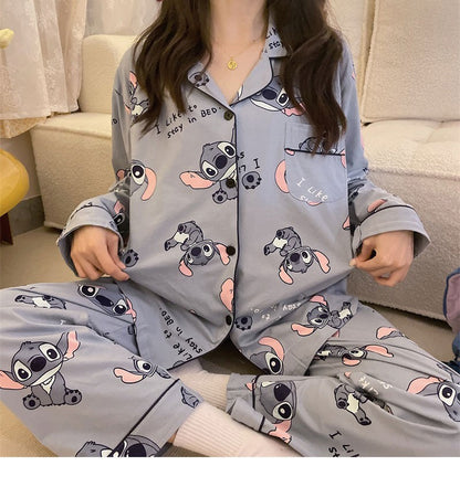 Hot Stitch Disney Faux Cotton Pajamas Spring Autumn Cartoon Female Pyjamas Kawaii Suit Long Sleeves Winter Home Sleepwear Gift