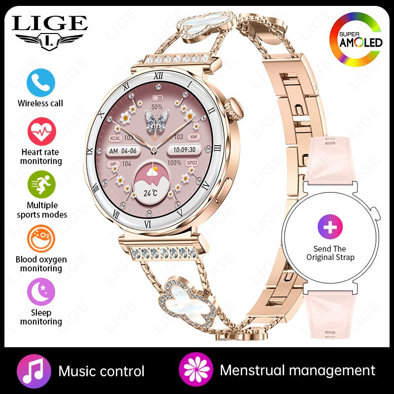 LIGE New Ultra Thin Smart Watch Women Screen Always Display Time Diamond Luxury Bracelet Voice Calling AMOLED Smartwatch Ladies