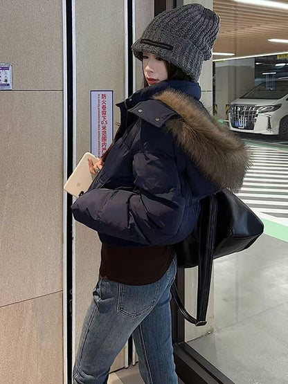 Retro Harajuku Fur Collar Warm Solid Color Women Hoodie Lining Cotton Coat Winter Loose Casual Slim Thick Jackets Winter Clothes