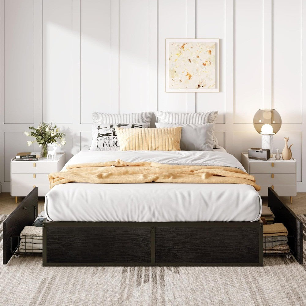 Cama Queen com Estrutura, 2 Gavetas Grandes de Armazenamento, Silenciosa, Fácil de Montar, Não Precisa de Box Spring, Cama com Armazenamento