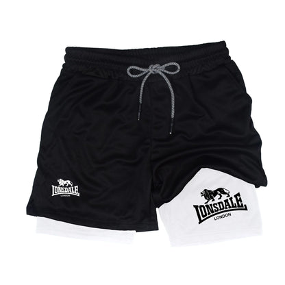 2 in 1 Running Shorts Men Workout Lonsdale Compression Shorts with Phone Pocket Towel Loop Summer Sport Athletic Activewear