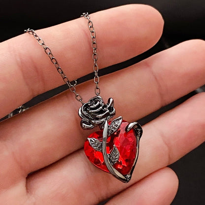 Colar Gótico Rosa Vermelha Amor Joia Feminina Y2K Tom de Prata Coração Humano Sangrento Pingente Joia Presentes Personalizados