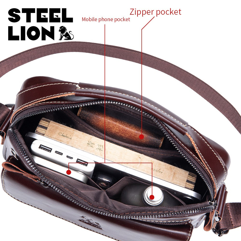 STEEL LION top layer cowhide men's single shoulder diagonal cross bag casual sports horizontal mobile phone bag genuine leather