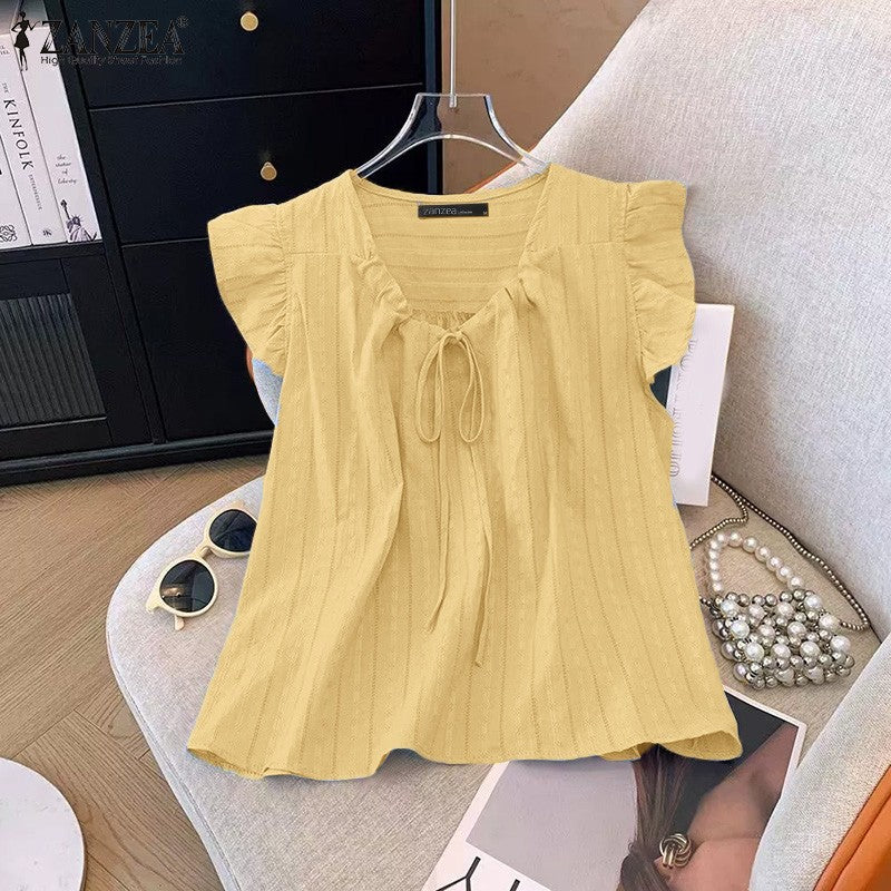 2025 ZANZEA Summer Elegant Shirt Women Sleeveless Holiday Blouse Stylish Tanks Tops Casual Solid Cotton Camis Mujer Blusas Femme