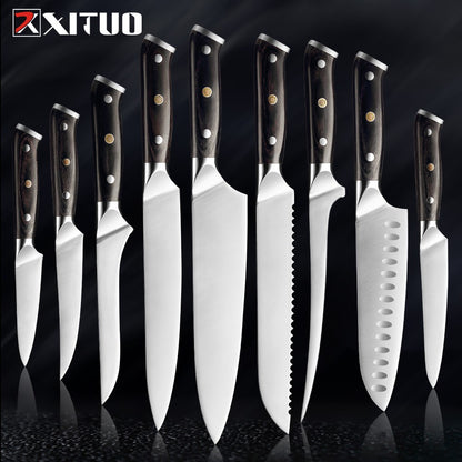 Facas de Cozinha Premium 1-9PEÇAS Conjunto de Facas Japonesas de Aço Inoxidável 5CR15 Incluindo Facas Santoku, Cutelo, Utilitária e de Desossar