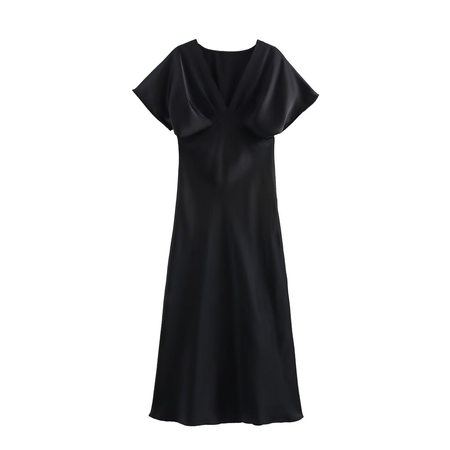 TRAFZA Women Elegant Solid Satin Dress Sexy V Neck Short Sleeve Midi Dress 2025