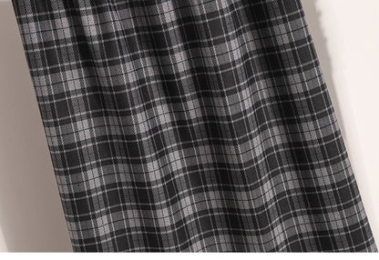 Plus Size Skirt Women 2024 Autumn Winter High Elastic Waist A Line Gray Or Khaki Plaid Skirt Korean Casual Long Skirts Womens