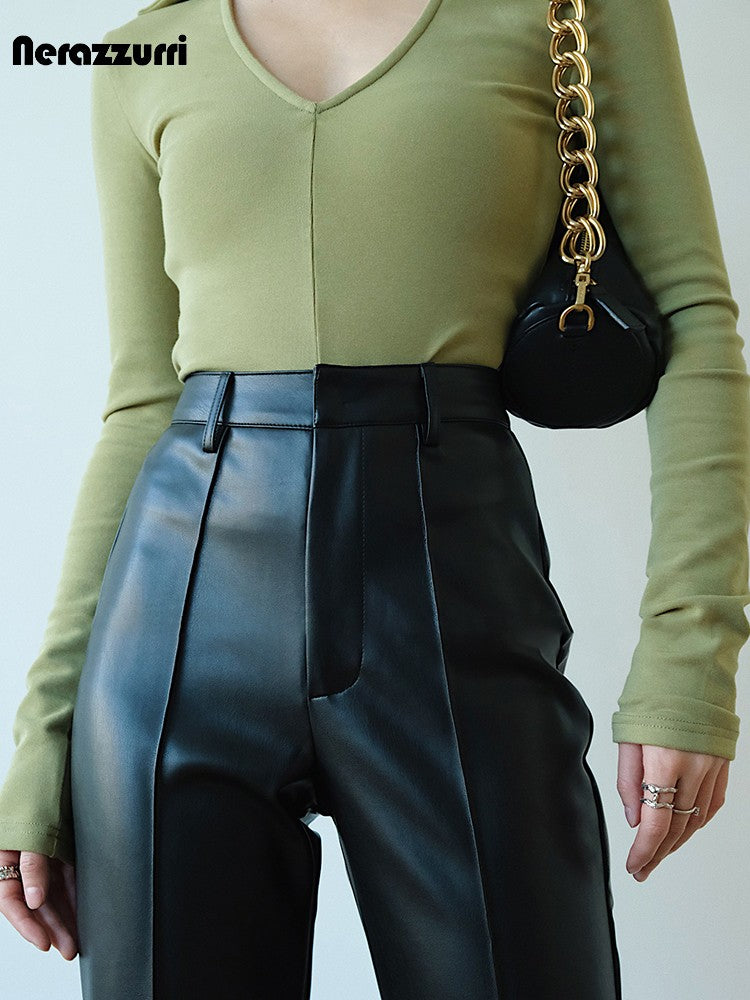 Nerazzurri Stylish Chic Black Soft PU Leather Straight Pants Women High Waist Autumn Winter Ladies Faux Leather Trousers 2023