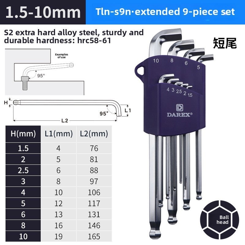 DAREX Metric Ball End Short Tail Hex Key Set 7/9 Piece Short Arm Extended High - Quality Hex Wrenches for Various Tasks