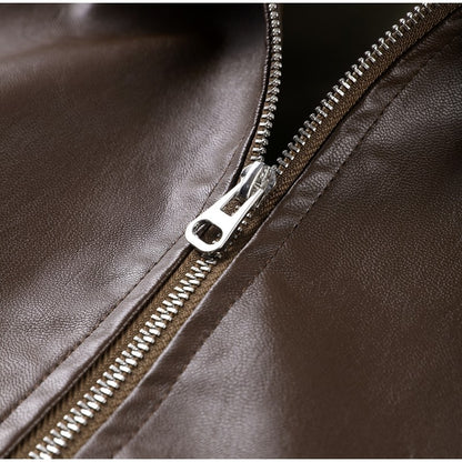 Street Stand Collar Women's Leather Jacket Loose Long Sleeve Zipper Pockets Chic Female Coats 2025 Autumn Winter Lady Outerwear