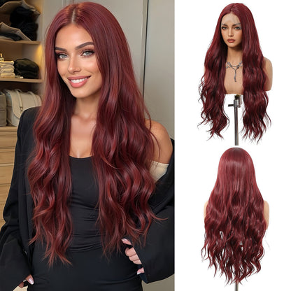 HENRY MARGU Peruca Frontal Lisa Ondulada Marrom Mista Longa Peruca Sintética Natural Ondulada 13x4 Frontal de Renda Cabelo Falso para Mulheres Raiz Escura